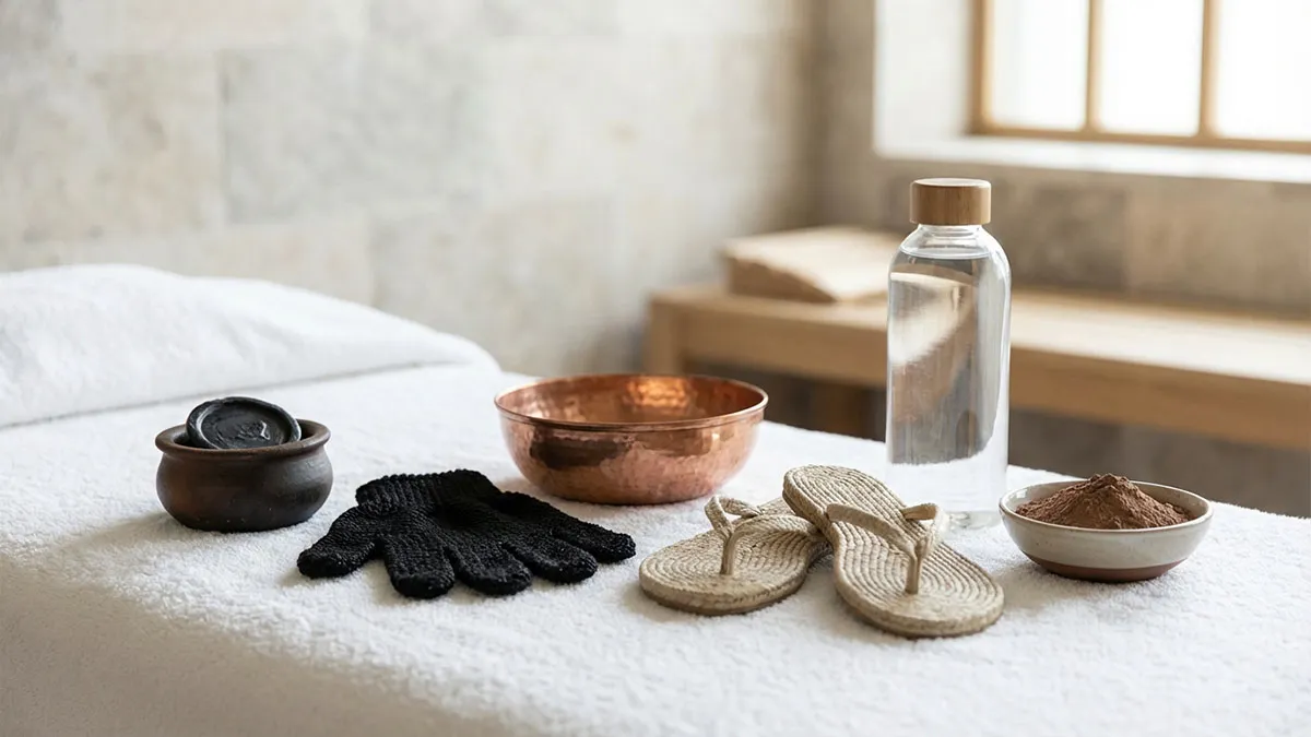 Accessoires pour hammam à Agadir : savon noir, gant kessa, rhassoul, bol en cuivre, tongs et eau