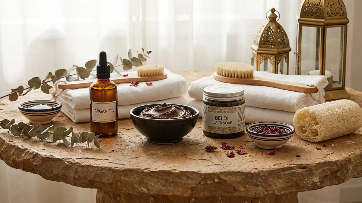 Ingrédients naturels du massage marocain avec huile d’argan ghassoul et savon noir