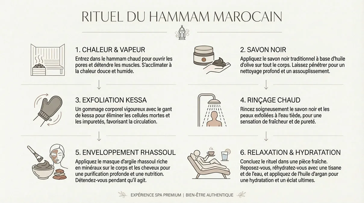 Infographie du rituel hammam à Agadir : chaleur, savon noir, gommage, rinçage, enveloppement, repos