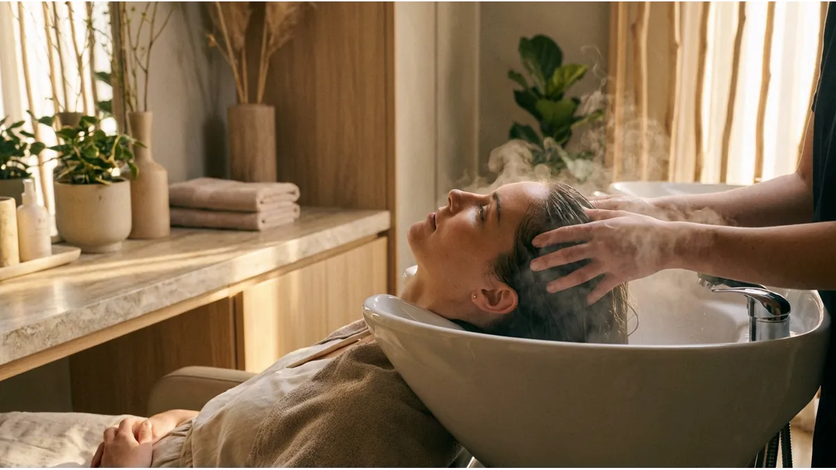 Head spa à Agadir pendant une séance avec massage du cuir chevelu et gestes de soin