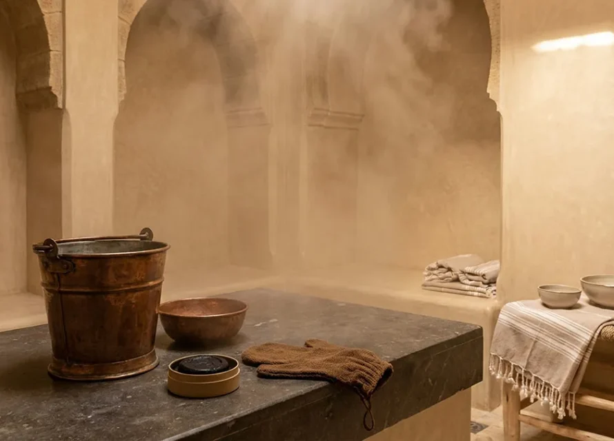 Hammam à Agadir avec vapeur, tadelakt, seau en cuivre, savon noir et gant kessa