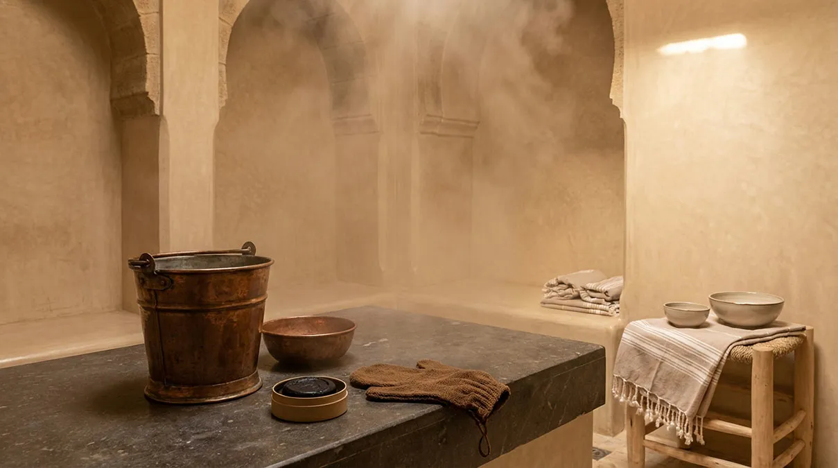 Hammam à Agadir avec vapeur, tadelakt, seau en cuivre, savon noir et gant kessa