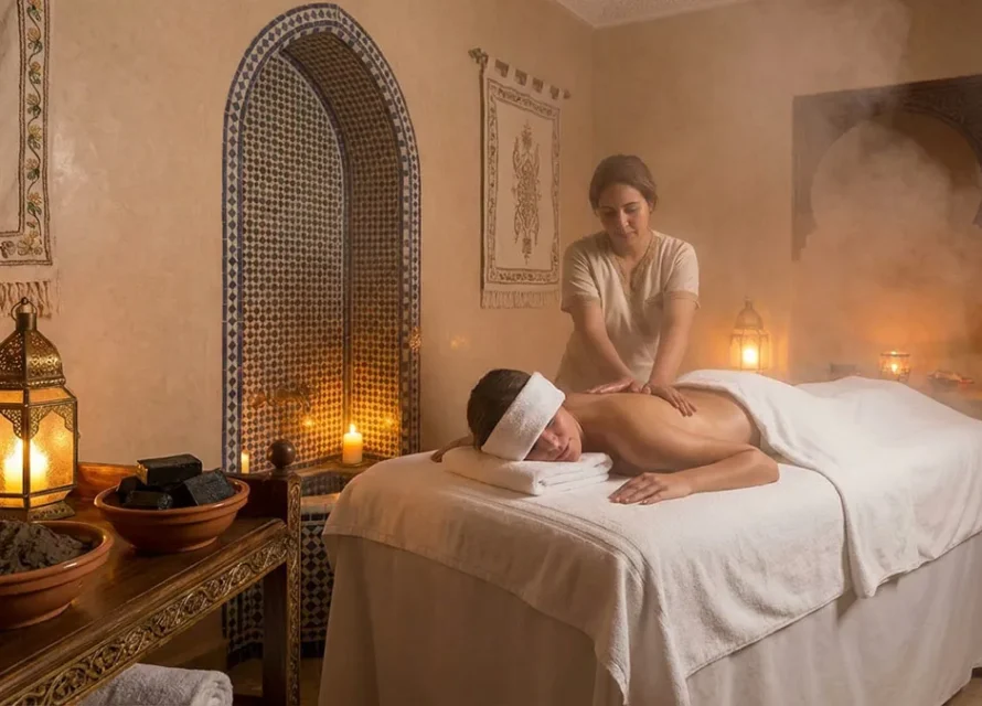 Massage marocain dans un spa premium avec huile d’argan, ghassoul et savon noir