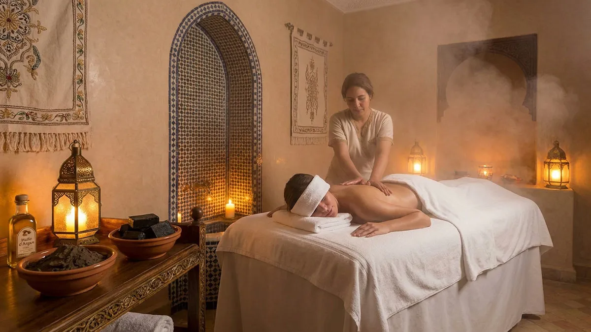 Massage marocain dans un spa premium avec huile d’argan, ghassoul et savon noir