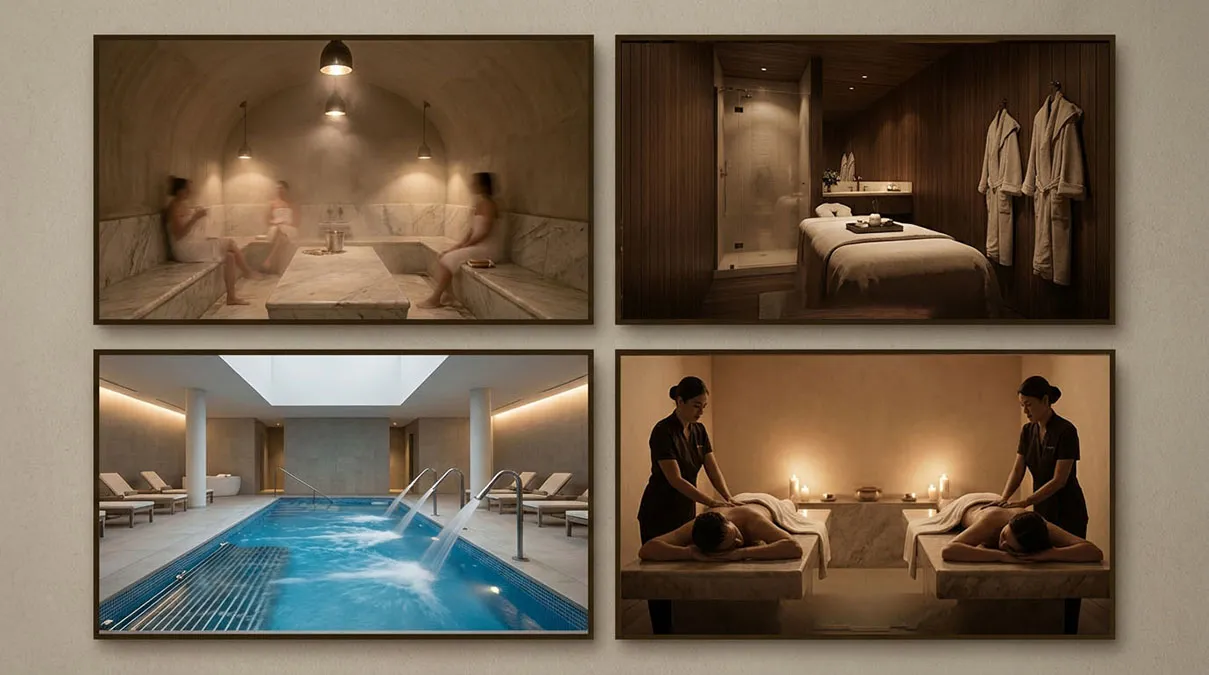 Comparatif visuel des types de hammam à Agadir : collectif traditionnel, privatif VIP, spa thalasso et hammam massage