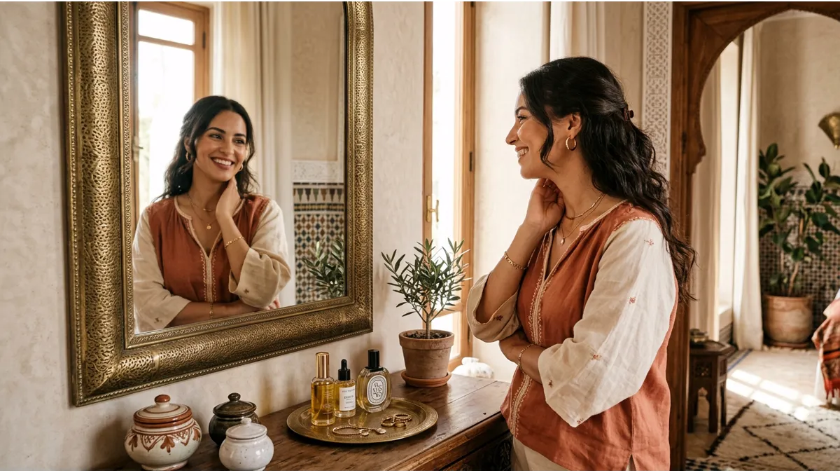 Femme découvrant son sourire avant un blanchiment dentaire à Agadir