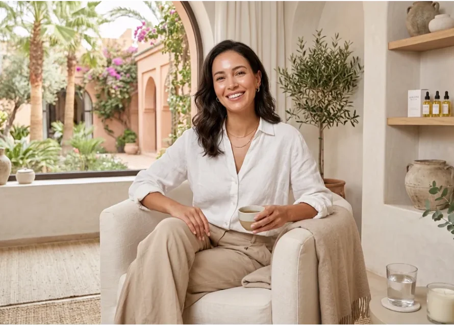 Femme avec un sourire lumineux après un blanchiment dentaire à Agadir dans un cadre premium