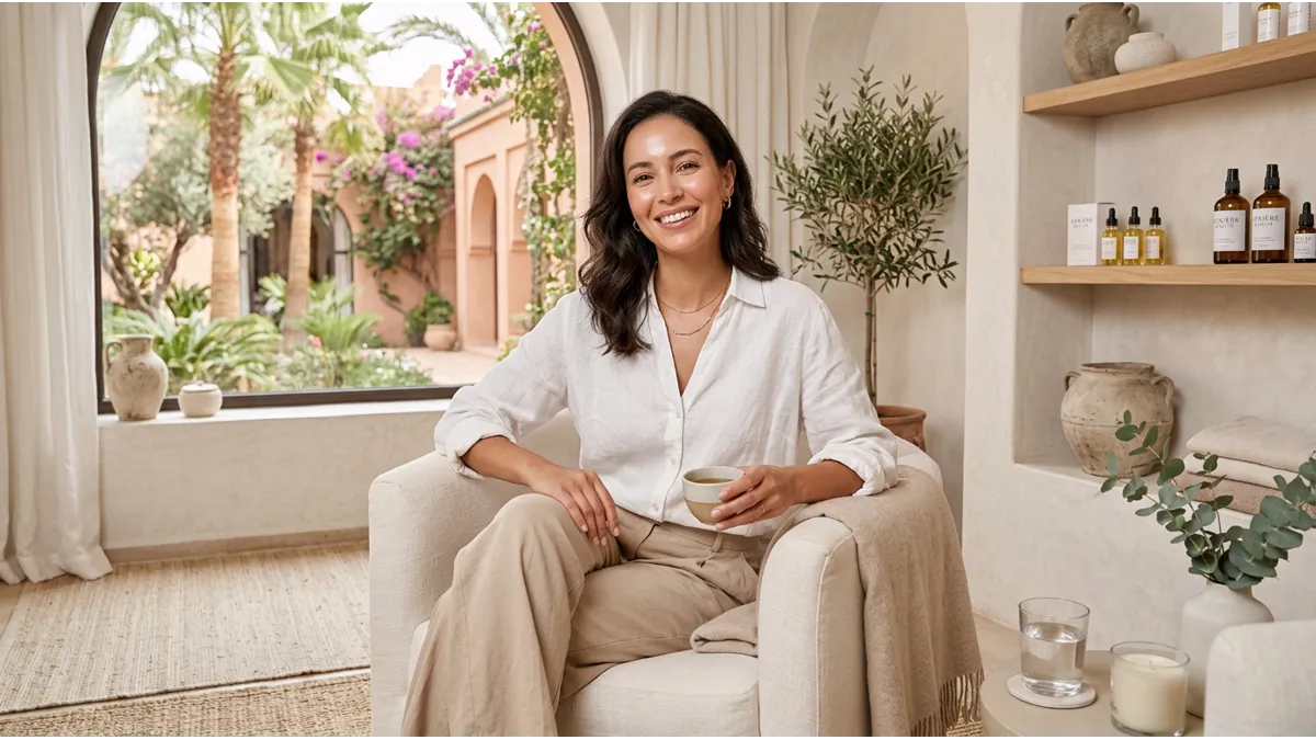Femme avec un sourire lumineux après un blanchiment dentaire à Agadir dans un cadre premium